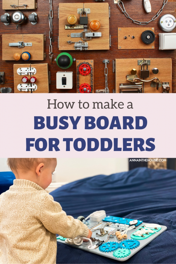 DIY busy boards and a toddler playing with a busy board.