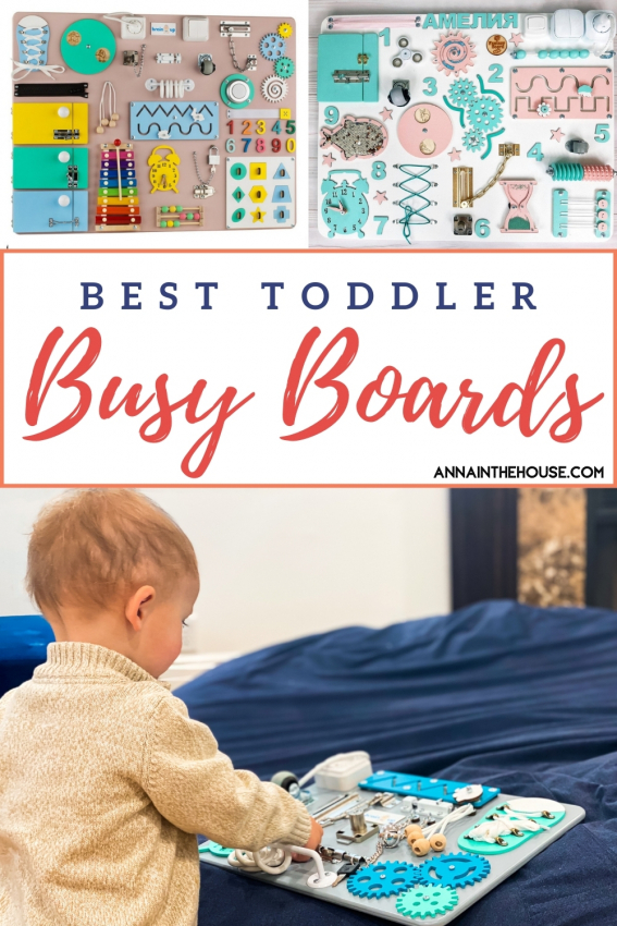 Toddler playing with a busy board, and other homemade busy boards.