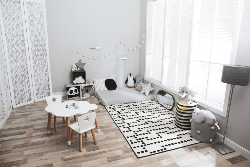 Montessori floor mattress in a child proofed room.