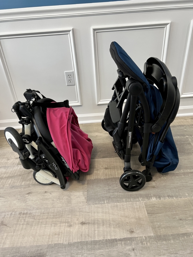 Mompush stroller next to Babyzen Yoyo stroller (both folded)